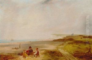 Children On A Beach With An Extensive Coastal Landscape Beyond by William Collins