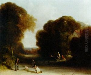 A Wooded Landscape With Men Circling A Pig by William Collins
