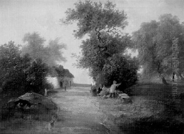Angler Mit Frau Und Kindern Am Dorfbach - view 1