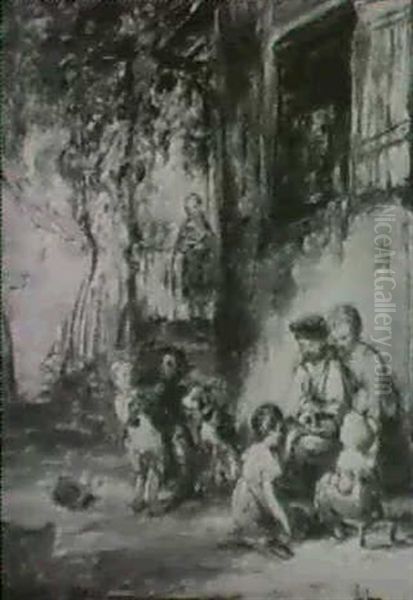 Children Playing By A Cottage - view 1