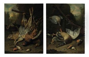 Still Life With A Hare, Mallard, Pheasant, Grouse, Wood Pigeon, Kingfisher And A Hunting Rifle In A Landscape (+ Still Life With A Mallard, Duck...; Pair)