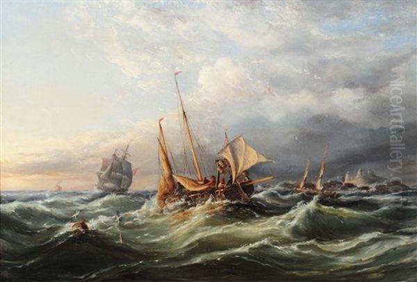 A Fishing Vessel And Further Shipping In A Swell With The Casquet Islands In The Distance - view 1