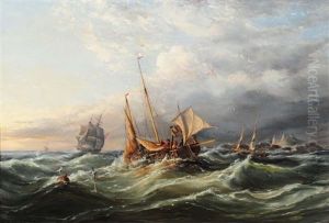 A Fishing Vessel And Further Shipping In A Swell With The Casquet Islands In The Distance
