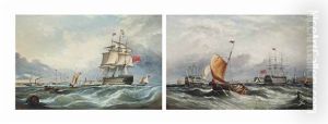 A Three-decker Calling For A Pilot At The Entrance To Portsmouth Harbour, With A Paddle Steamer And Other Shipping Beyond; And Fishermen On A Blustery Day With Prison Hulks And A Three-decker Lying At Anchor In Portsmouth Harbour (pair) by Ebenezer Colls