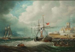 A Paddle Steamer, Men O War And Rowing Boats Off A Harbour Side With Church Tower by Ebenezer Colls