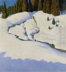 Sonnenbeschienene Winterliche Schneelandschaft Mit Tannenwald Im Hintergrund