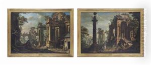 An Architectural Capriccio With A Horseman And Figures By A Fountain (+ Another With Figures Resting By A Column; 2 Works) by Giovanni Battista Innocenzo Colombo