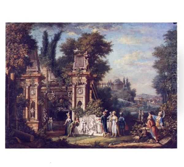 Voyageurs Pres D'une Architecture En Ruine Et D'un Bas-relief Antique - view 1