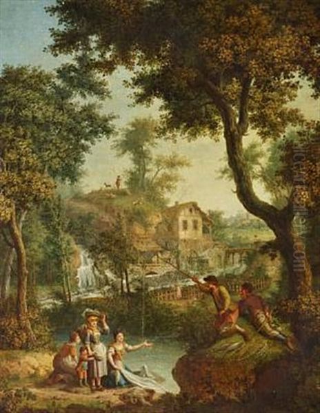 Pastoral Landscape With Waterfall And A Village In The Background - view 1