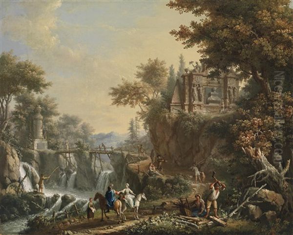 Eine Landschaft Mit Antiken Ruinen Und Einem Wasserfall - view 1