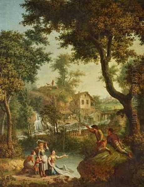 Pastoral Landscape With Waterfall And Village In The Background - view 1