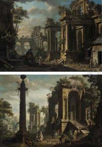 An Architectural Capriccio With Figures By A Fountain