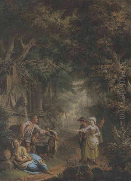 Ein Junges Liebespaar Gibt Einer Taglohnerfamilie Vor Einem Steinernen Brunnen Im Walde Ein Almosen - view 1