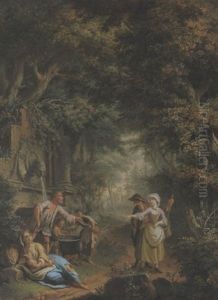 Ein Junges Liebespaar Gibt Einer Taglohnerfamilie Vor Einem Steinernen Brunnen Im Walde Ein Almosen