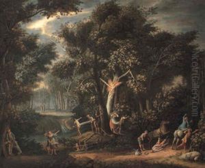 Storm In A Forest With Woodcutters And Travellers Taking Cover by Giovanni Battista Innocenzo Colombo
