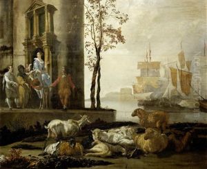 Elegant Figures Before Ships And Livestock by Adam de Colonia