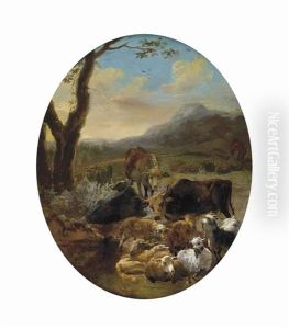 A Wooded Mountainous Landscape With Cattle And Sheep At Rest, A Drover Beyond, In A Feigned Oval by Adam de Colonia