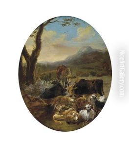 A Wooded Mountainous Landscape With Cattle And Sheep At Rest, A Drover Beyond by Adam de Colonia