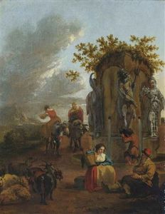 Shepherds And Their Flock At Rest In A Landscape, With A Classical Fountain by Adam de Colonia