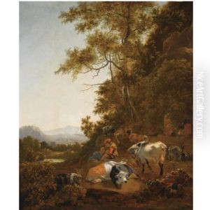 A Wooded Hilly Landscape With Shepherds Resting With Their Herd, Other Figures Preparing A Meal Above A Fire To The Right by Adam de Colonia