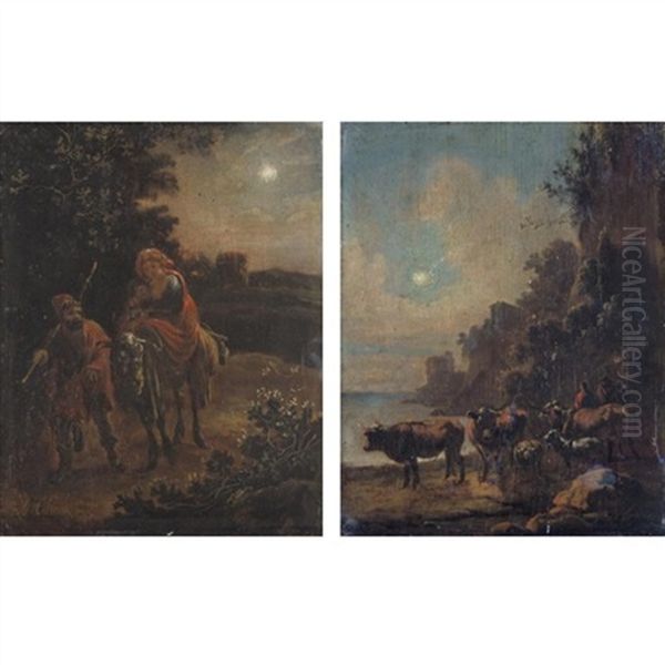 The Flight Into Eygpt (+ Drovers Watering Their Animals In A Moonlit Landscape; Pair) - view 1