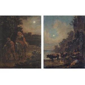 The Flight Into Eygpt (+ Drovers Watering Their Animals In A Moonlit Landscape; Pair) by Adam de Colonia