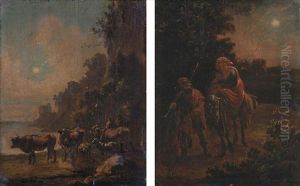 Drovers Watering Their Animals In A Moonlit Landscape (+ The Flight Into Eygpt; Pair)