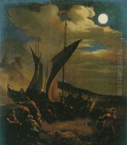 Nachtlicher Strand Mit Heimkehrenden Fischern