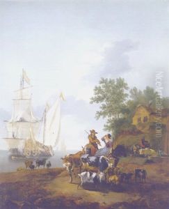A Coastal Landscape With Peasants On Horseback With Their Livestock, A Cottage And Shipping Beyond by Adam de Colonia