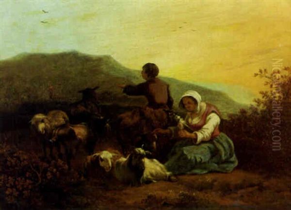 A Shepherdess Spinning With A Shepherd And Flock In A Mountainous Landscape - view 1