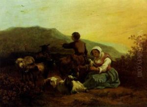 A Shepherdess Spinning With A Shepherd And Flock In A Mountainous Landscape by Adam de Colonia