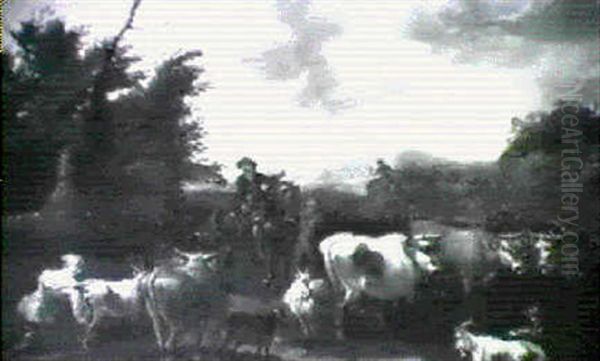 Drovers With Cattle And A Peasant Girl Milking A Goat In A Landscape - view 1