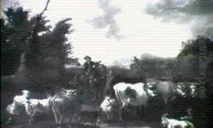 Drovers With Cattle And A Peasant Girl Milking A Goat In A Landscape by Adam de Colonia