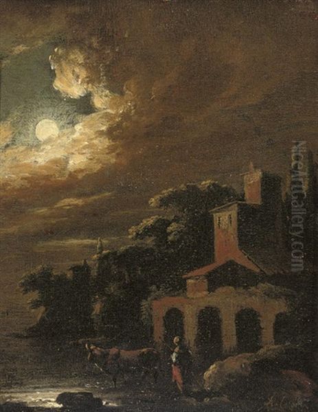 A Moonlit River Landscape With A Drover And Cattle By A House - view 1