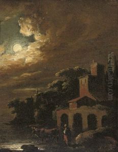 A Moonlit River Landscape With A Drover And Cattle By A House by Adam Louisz Colonia