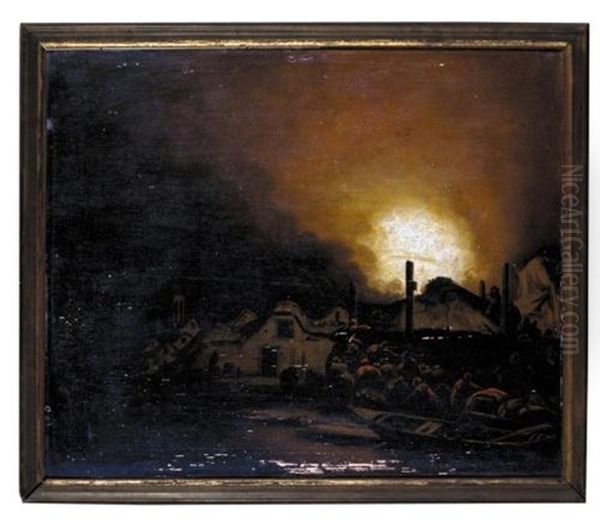 A Nocturnal Scene With Villagers Fighting A Fire - view 1