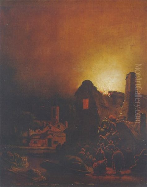 A Fire In A Village At Night - view 1