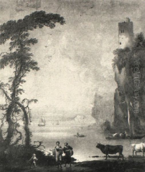 A Mediterranean Coast At Sunset With Peasants, Cattle And A Tower Beyond - view 1