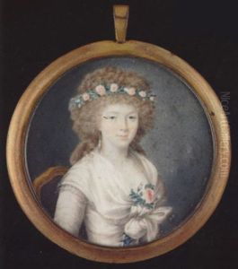 A Lady Wearing Decollete White Dress With Blue Ribbon Laced Bodice And Tied White Shawl, A Garland Of Pink Roses In Her Hair And Matching Spray At Her Corsage