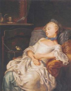 Portrait Of A Girl Sleeping On A Chair, A Songbird Beside Her