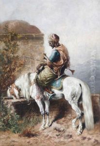 Chevalier Arabe Sur Cheval Blanc Pres De L'abreuvoir by Gustav Colsoulle