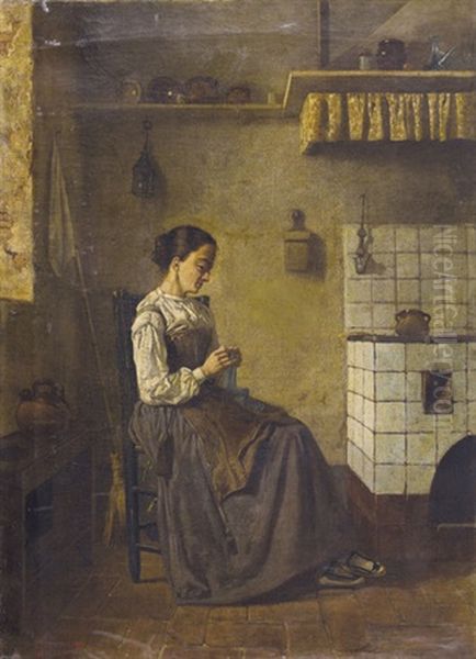 Kucheninterieur Mit Sitzender Frau Am Stricken - view 1