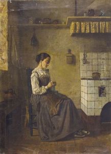 Kucheninterieur Mit Sitzender Frau Am Stricken by Leon Comeleran
