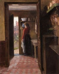 Frau In Der Kuche Mit Offener Tur Zum Garten