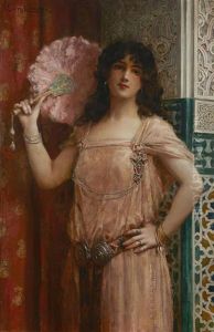 An Oriental Beauty Holding A Pink Fan by Leon Francois Comerre
