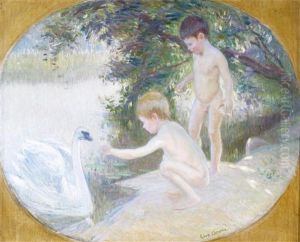 Boys Bathing And Feeding A Swan Boys Bathing And Feeding A Swan