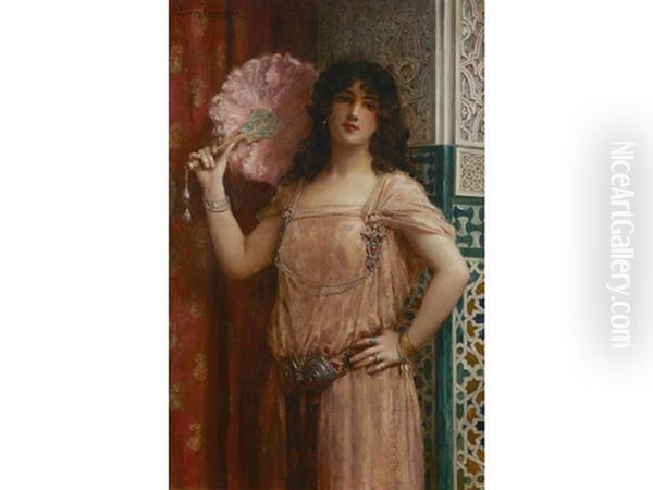 A Harem Beauty Holding A Pink Fan - view 1