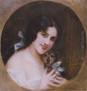 Portrait De Femme Et Son Chien Au Noeud Bleu