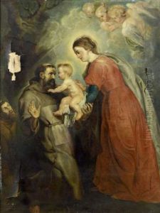 Saint Francois Recevant L'enfant Jesus Des Mains De La Vierge (after Peter Paul Rubens) by Leon Commere