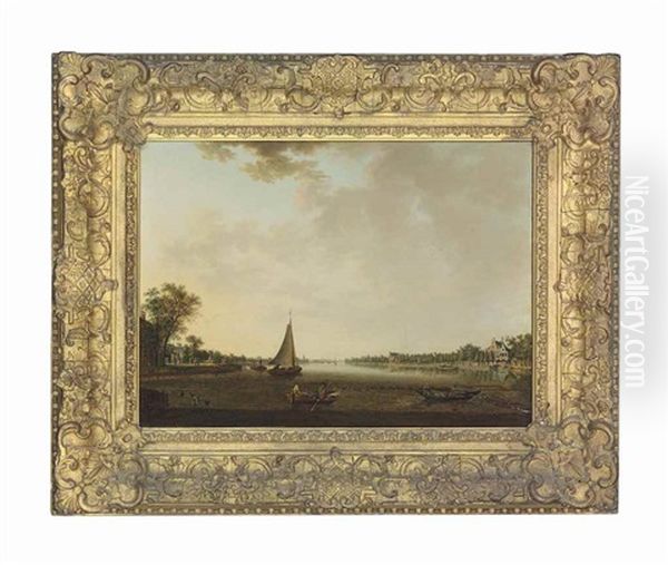 A Sailing Barge And Other Shipping In A River Landscape, With Houses On The Banks - view 1